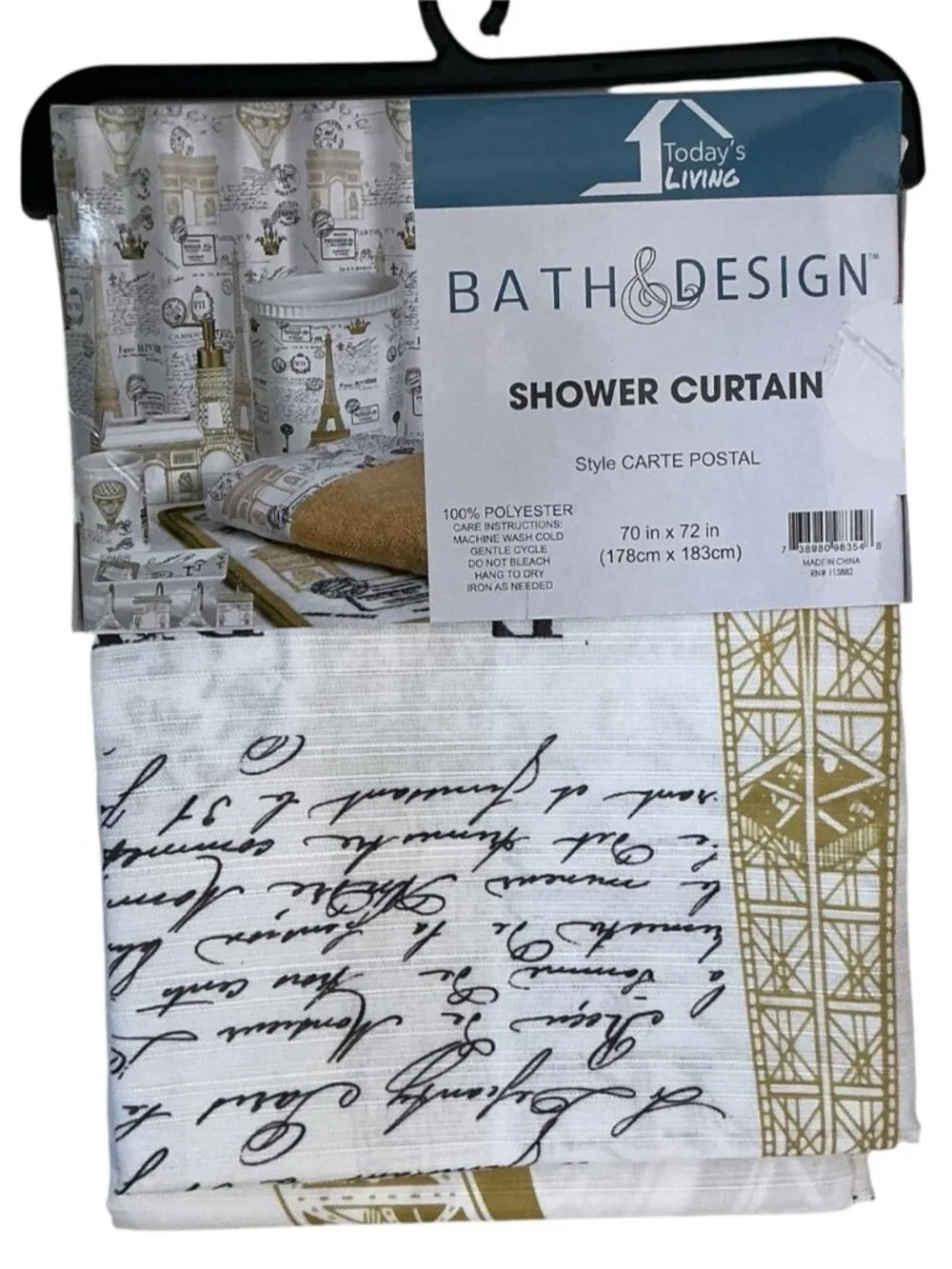 Paris Eiffel Tower Material Fabric Shower Curtain White Gold 70’x 72” NEW